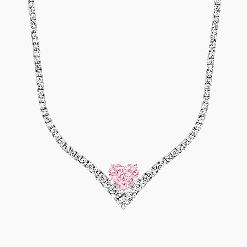 AMARYZ Love Story Pink Heart V Diamond Tennis Necklace
