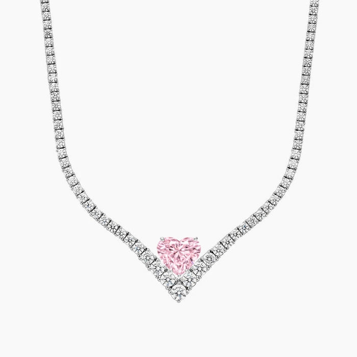 AMARYZ Love Story Pink Heart V Diamond Tennis Necklace