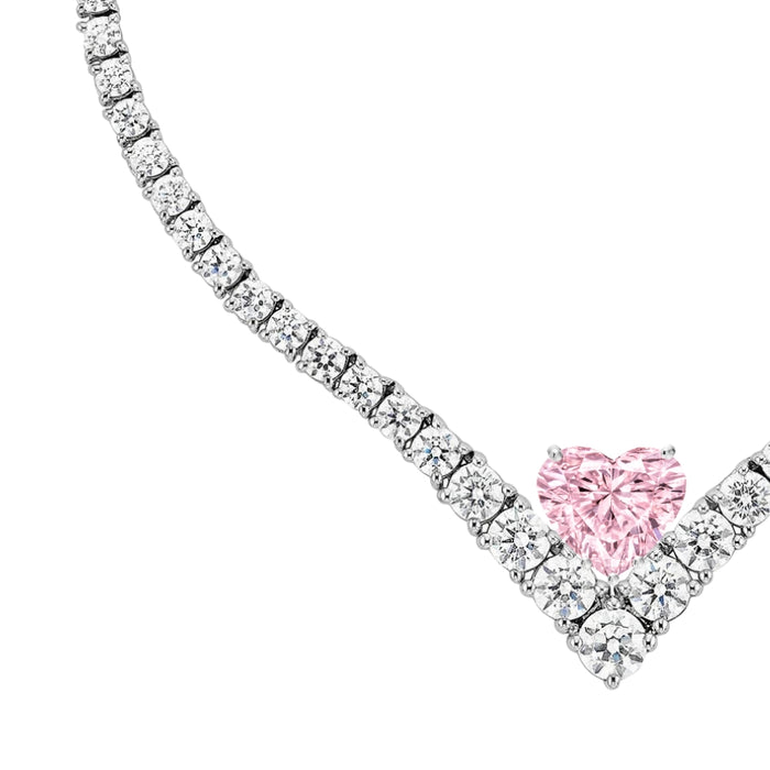 AMARYZ Love Story Pink Heart V Diamond Tennis Necklace