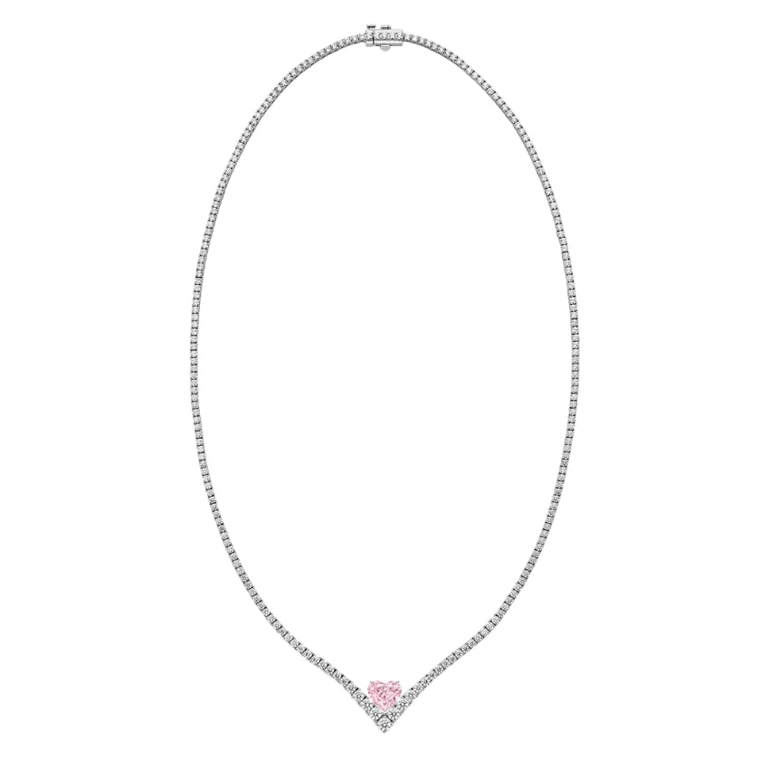 AMARYZ Love Story Pink Heart V Diamond Tennis Necklace