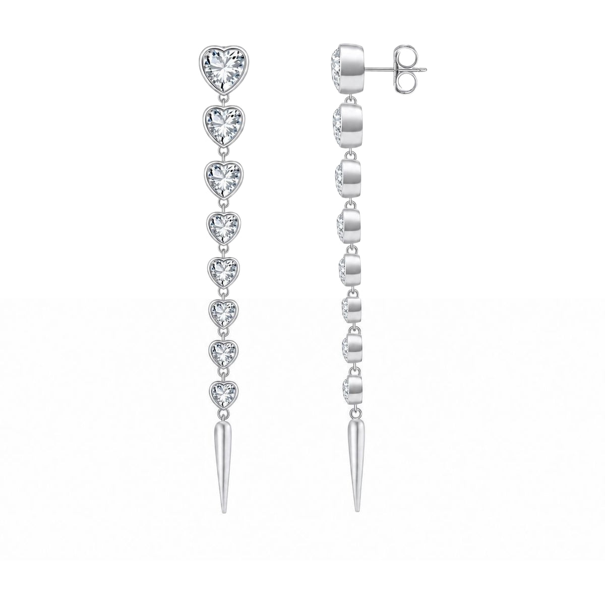 ETERI LOVE LONG EARRINGS Solid White Gold with 8 Lab-Grown Diamonds Heart-Shaped Diamonds
